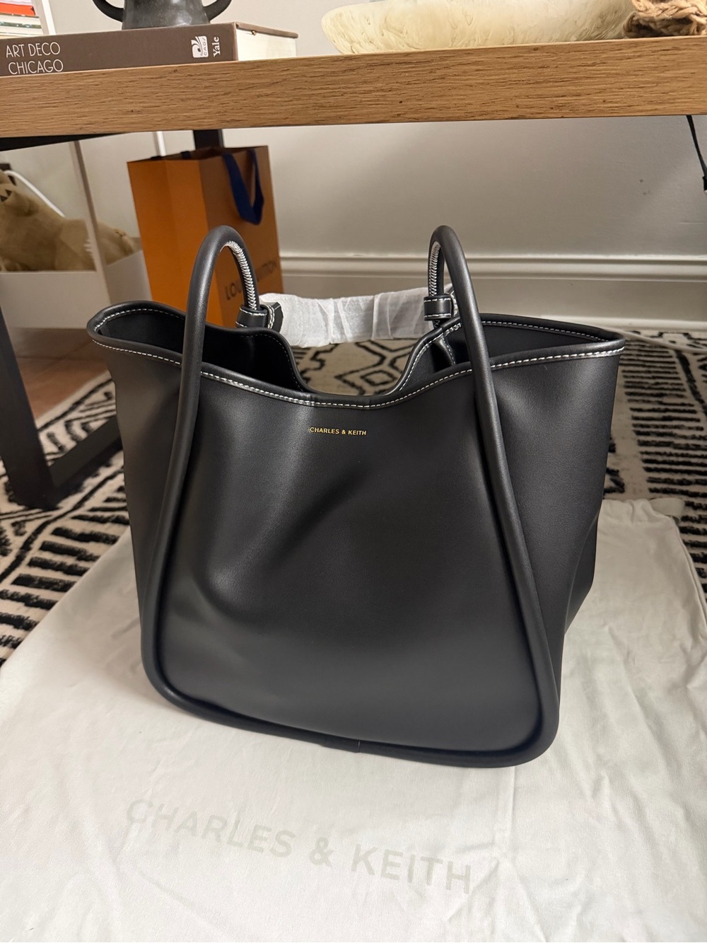 Charles & Keith Black Smooth Tote with Rolled Handles